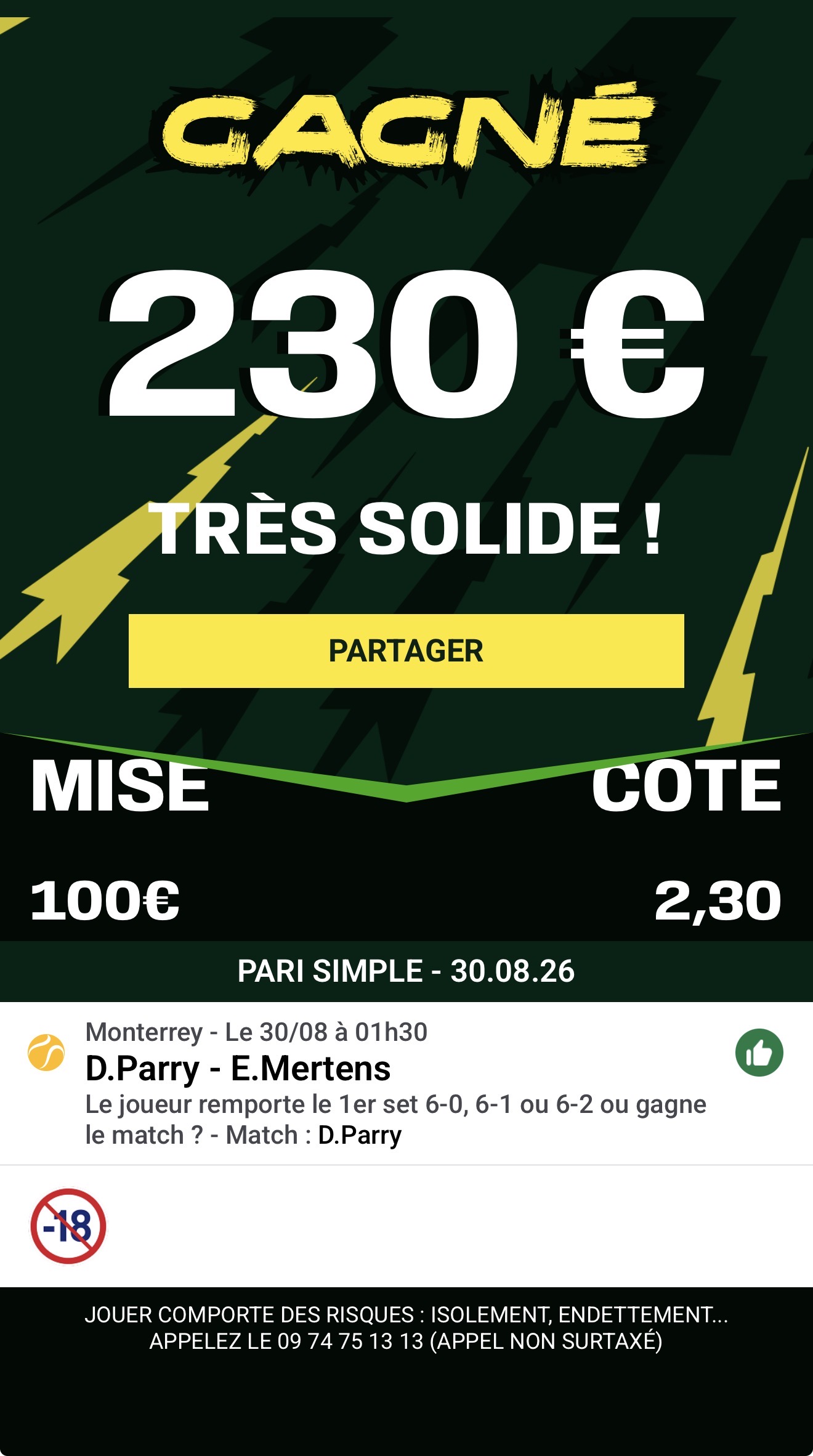 Capture du pari gagnant D. Parry contre E. Mertens